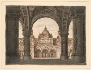 Scenografia, Fasada kościoła z loggii, I due Valdomiri Felice Romani, muzyka Pietro de Winter. Wystąpił w La Scali w Mediolanie, 1818 autorstwa Romolo Achille Liverani