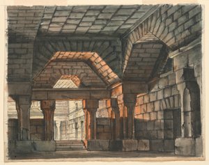 Scenografia, Wnętrze zamku warownego do „Ciro w Babilonii” Gioachino Rossiniego, La Scala, Mediolan, 1818, „Podziemne więzienie” autorstwa Romolo Achille Liverani