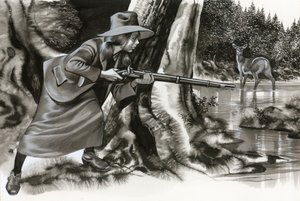 Annie Oakley strzelająca do kozła autorstwa Ron Embleton