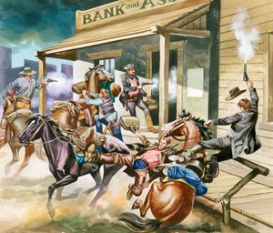 Napad na bank rozgrywający się na Dzikim Zachodzie. autorstwa Ron Embleton