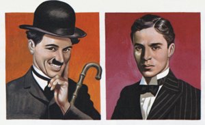 Charlie Chaplin w kostiumie i taki, jaki był naprawdę (kolorowa litografia) autorstwa Ron Embleton