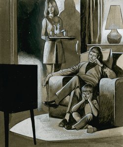 Rodzina oglądająca czarno-białą telewizję w latach 60. XX wieku autorstwa Ron Embleton