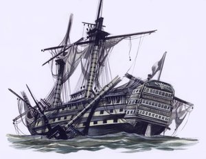 HMS Victory po bitwie pod Trafalgarem, z odstrzelonym topmasztem (gwasz na papierze) autorstwa Ron Embleton