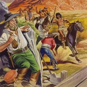 Jacob Waltz i jego przyjaciel zaatakowani przez Indian Apache (gwasz na papierze) autorstwa Ron Embleton