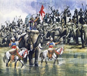 Armia króla Porusa stawia czoła Aleksandrowi Wielkiemu w ulewnym deszczu