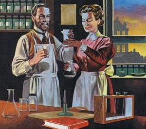 Pierre i Marie Curie w swoim laboratorium w Paryżu (kolorowa litografia)