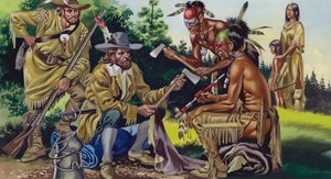 Francuzi w Kanadzie handlujący futrami z rdzennymi Indianami (gwasz na papierze)