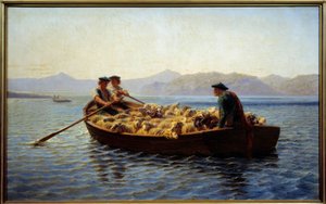 Zmiana wypasu. Pasterze wsiedli do stada owiec, aby zabrać je na drugi brzeg. Obraz Rosy Bonheur (1822-1899) autorstwa Rosa Bonheur