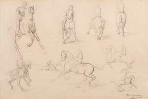 Studia konia i jeźdźca (grafit na białym papierze tkanym) autorstwa Rosa Bonheur