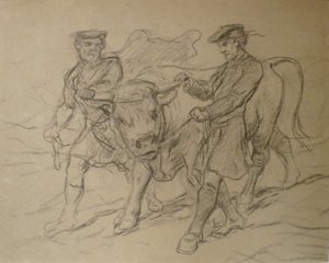 Dwóch mężczyzn z bykiem autorstwa Rosy Bonheur, czarna kreda, Muzeum Sztuki w Columbus autorstwa Rosa Bonheur