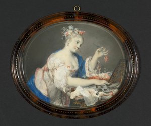 Kobieta wkładająca kwiaty we włosy, c. 1710.