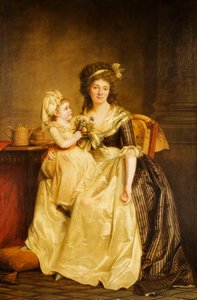 Portret damy, siedzącej na całej długości przy stole, z córką trzymającą bukiet kwiatów autorstwa Rose Adelaide Ducreux