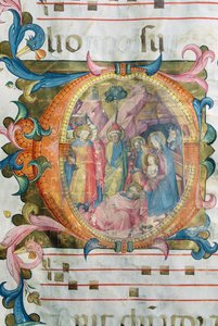 Corale / Graduale nr 5 Historyczny inicjał „O” przedstawiający Pokłon Trzech Króli autorstwa Rossello Franchi