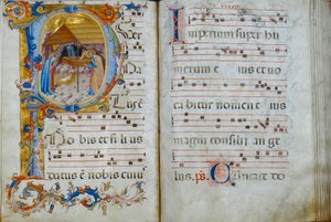 Księga chóru „D”, wystawiona w katedrze Santo Stefano: historyczny inicjał przedstawiający Narodzenia Pańskiego, ok. 1429-35
