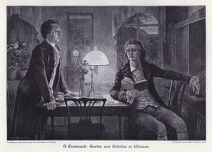 Pisarze niemieccy Friedrich Schiller i Johann Wolfgang von Goethe w Weimarze (grafika)
