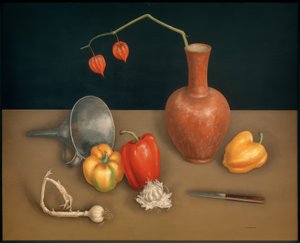 Martwa natura z papryką (nóż, wazon, kwiat latarni)