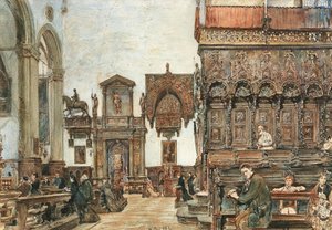 Wnętrze bazyliki Santa Maria Gloriosa dei Frari w Wenecji z modlitwami w stallach na chórze autorstwa Rudolf von Alt
