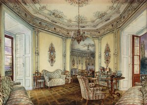 Widok wnętrza Salonu Zamkowego w Obertwaltersdorfie; Widok wnętrza salonu w zamku Obertwaltersdorf, autorstwa Rudolf von Alt