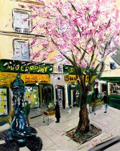 Kwiaty wiśni w Shakespeare and Co Paris - ze złotym zdobieniem, 2023 (olej na płótnie)