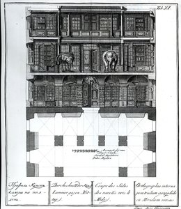 Przekrój Sali Rarytasów w kierunku południowym, ilustracja w Komnatach Biblioteki i Galerii Cesarskiej Akademii Nauk w Petersburgu przedstawiająca plany, fasady i profile autorstwa Johanna autorstwa Russian School