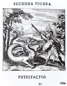 Rycerz pokonujący „Rota”, którego ucieleśnia smok, z „Musaeum Hermeticum Reformatum” Bazylego Walentego, 1678 autorstwa Russian School