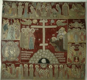 Objawienie się Matki Boskiej św. Sergiuszowi, 1525 (złota, srebrna i jedwabna nić, wysadzana perłami i rubinami w złotych oprawach) autorstwa Russian School