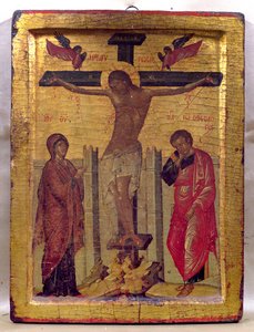 Chrystus na krzyżu (tempera i złoty płatek na desce) autorstwa Russian School