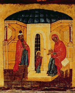 Ikona przedstawiająca Jezusa w Świątyni, ok. 1550 (tempera i złote liście na płycie) (detal z 314500) autorstwa Russian School