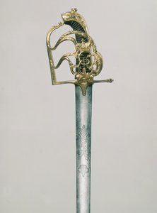 Miecz oficerski grawerowany z dwugłowym orłem z postacią św. Jerzego pod Koroną Cesarską, rękojeść zdobiona monogramem Katarzyny II 1729-96), Rosja, XVIII w. (stal, brąz