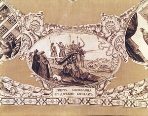 Egzekucja Fałszywego Dymitra, detal z szala przedstawiający historię królewskiego oszusta (tkanina) autorstwa Russian School
