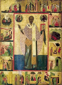 Święty Mikołaj z Zarajska ze scenami z jego życia, początek XVI wieku. autorstwa Russian icon.