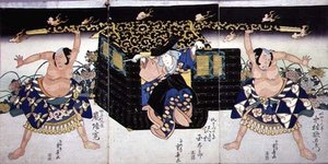 Scena z IV aktu sztuki kabuki „Ashiya doman ouchi kagami”