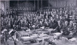 Jedno z najbardziej doniosłych wydarzeń w historii Parlamentu 3 sierpnia 1914, z Cassells History of the British People opublikowanej przez Waverley Book Company Limited, c.1940