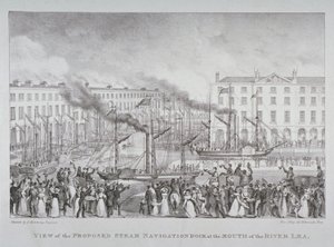 Widok proponowanego doku żeglugi parowej przy ujściu rzeki Lea, ok.1835 autorstwa S. Hemming