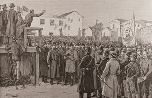 Policja ochraniająca reportera rządowego na „spotkaniu dotyczącym planu kampanii”, z „The Illustrated London News”, 8 stycznia 1887 r. (rycina)