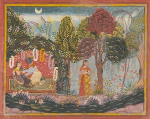Krishna i Radha w altanie: Strona z rozproszonej Gita Govinda, ca. 1665. autorstwa Sahibdin