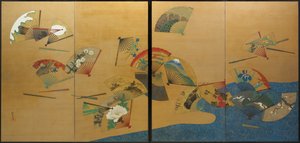 Wachlarze i strumień, okres Edo, ok. 1820-28 (tusz, kolor, złoto i srebro na jedwabiu) autorstwa Sakai Hoitsu