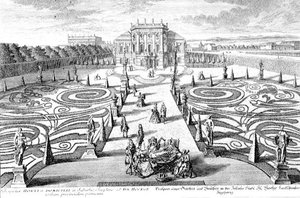 Widok ogrodu i domu w Josefstadt w Wiedniu sztychowany przez Johanna Augusta Corvinusa (1683-1738) (ryta)