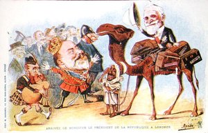 Karykatura przybycia prezydenta Republiki Francuskiej Emila Loubeta (1838-1929) w Londynie w 1903 r. (kolor lito) autorstwa Salomon Assus