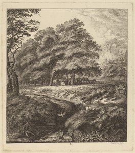 Bydło odpoczywające w zagajniku z mężczyzną siedzącym nad potokiem, 1764. autorstwa Salomon Gessner