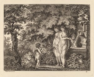 Eros z trzema dziewczynami przy fontannie, 1770. autorstwa Salomon Gessner