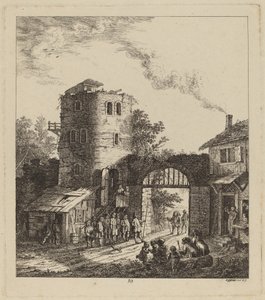 Wieśniacy przy bramie miejskiej witający dygnitarza, 1764. autorstwa Salomon Gessner