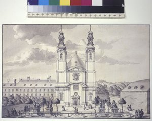 Cała strona: widok z przodu kościoła Serwitów na przedmieściach Rossau (rysunek piórkiem i tuszem) autorstwa Salomon Kleiner