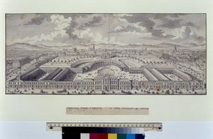 Cała strona: widok z lotu ptaka stajni cesarskich w kierunku przedmieść (pióro, pędzel i tusz) autorstwa Salomon Kleiner