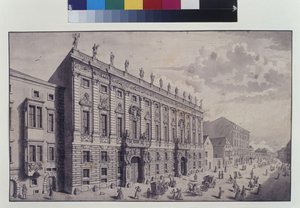 Cała strona: ukośny widok na pałac miejski księcia Eugeniusza Sabaudzkiego przy Himmelpfortgasse (pióro, pędzel i tusz) autorstwa Salomon Kleiner