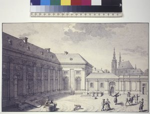 Cała strona: widok frontu wewnętrznego dziedzińca Oranżerii (rysunek piórkiem i tuszem) autorstwa Salomon Kleiner