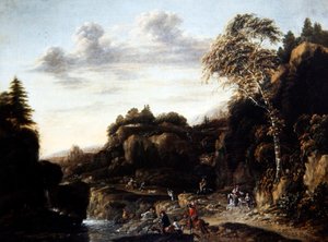 Pejzaż leśny z polowaniem na jelenia nad rzeką, ok. 1690 (olej na płótnie)