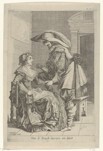 Mężczyzna oferuje kobiecie monetę Dats de Bruydt daermen om danst (tytuł na obiekcie) autorstwa Salomon Savery