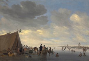 Łyżwiarze na zamarzniętej rzece Lek, dalej miasto Vianen, 1653