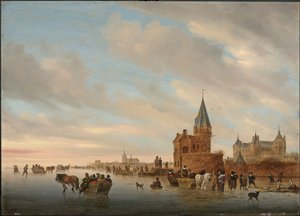 Zimowy krajobraz z lodowymi przyjemnościami przed Capriccio miasta Arnheim, 1652 autorstwa Salomon van Ruisdael or Ruysdael